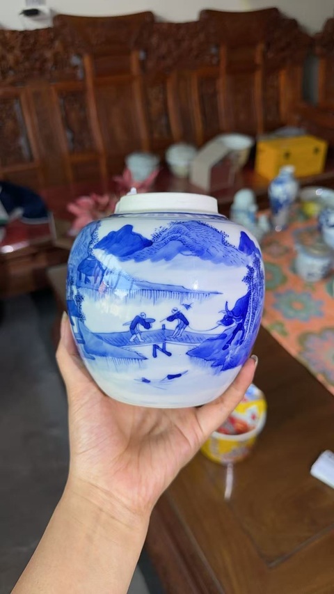 古玩陶瓷樵漁耕讀山水紋青花罐真品鑒賞圖