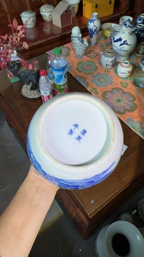 古玩陶瓷樵漁耕讀山水紋青花罐真品鑒賞圖