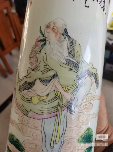 古玩陶瓷東方朔偷桃新粉彩帽筒真品鑒賞圖