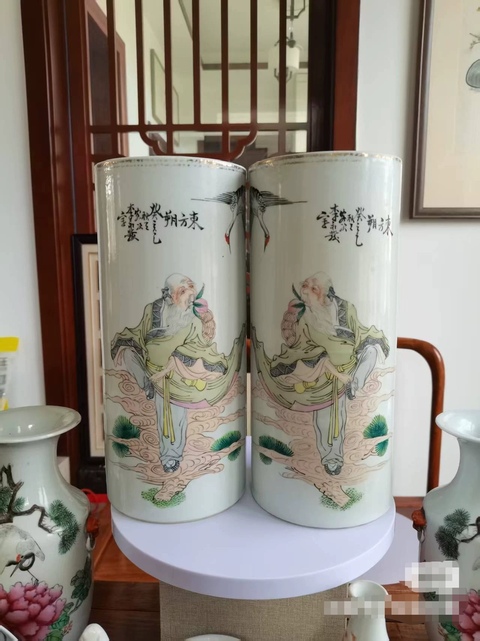 古玩陶瓷東方朔偷桃新粉彩帽筒真品鑒賞圖
