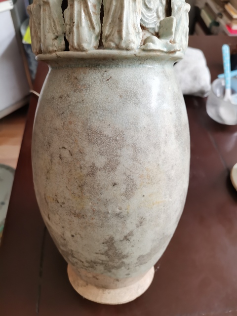 古玩陶瓷青白釉貼塑人物鳥紋塔式罐真品鑒賞圖