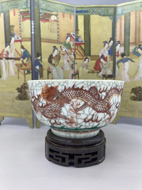 古玩陶瓷哥釉紅綠彩龍紋碗拍賣，當前價格3780元