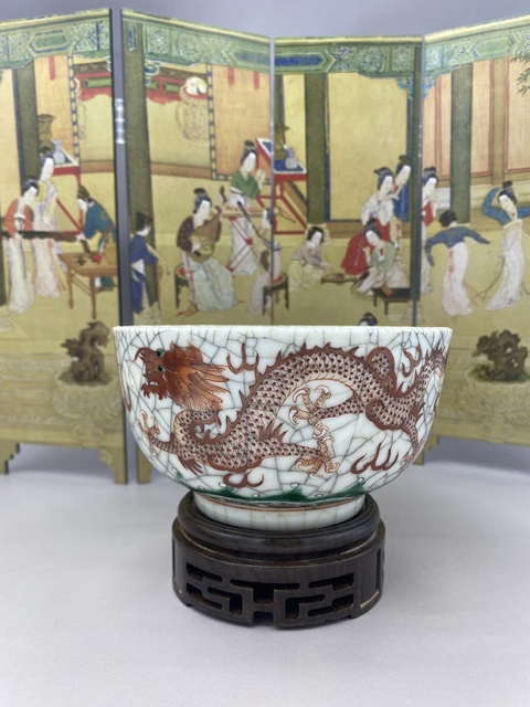 古玩陶瓷哥釉紅綠彩龍紋碗拍賣，當前價格3780元