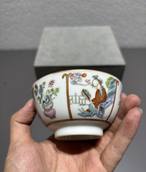古玩陶瓷粉彩侍女人物茶碗真品鑒賞圖