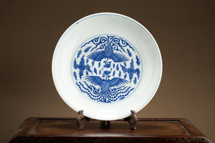 古玩陶瓷清道光·青花對頭鳳紋大盤（官）真品鑒賞圖