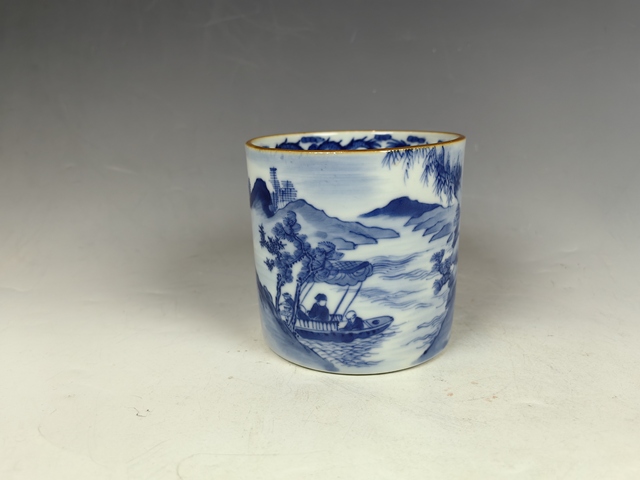 古玩陶瓷清中晚夜游赤壁人物紋青花筆筒真品鑒賞圖