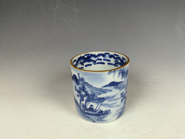 古玩陶瓷清中晚夜游赤壁人物紋青花筆筒真品鑒賞圖