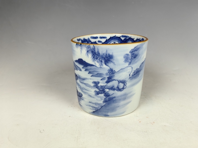 古玩陶瓷清中晚夜游赤壁人物紋青花筆筒真品鑒賞圖
