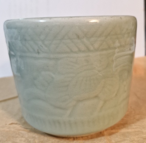 古玩陶瓷豆青釉圈足筒式香爐真品鑒賞圖