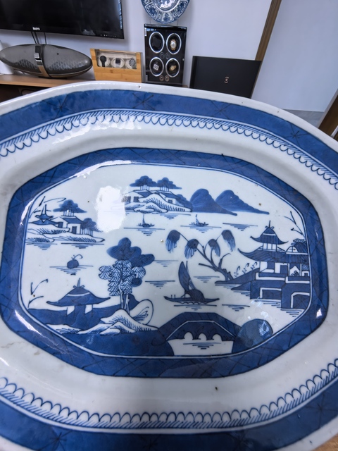 古玩陶瓷清中期青花山水樓閣八方盤拍賣,當前價格1580元