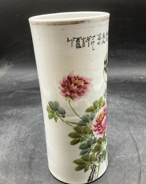 古玩陶瓷民國淺絳彩花鳥紋帽筒真品鑒賞圖