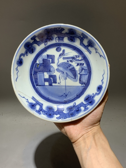 古玩陶瓷青花丹鶴朝陽圖盤真品鑒賞圖