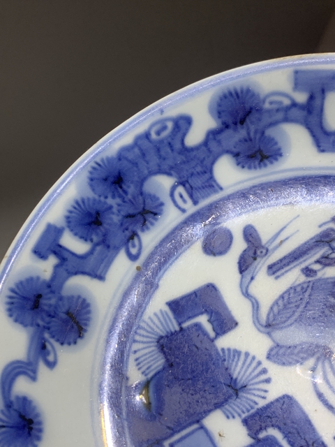 古玩陶瓷青花丹鶴朝陽圖盤真品鑒賞圖