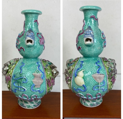 古玩陶瓷粉彩堆塑龍鳳紋葫蘆瓶真品鑒賞圖