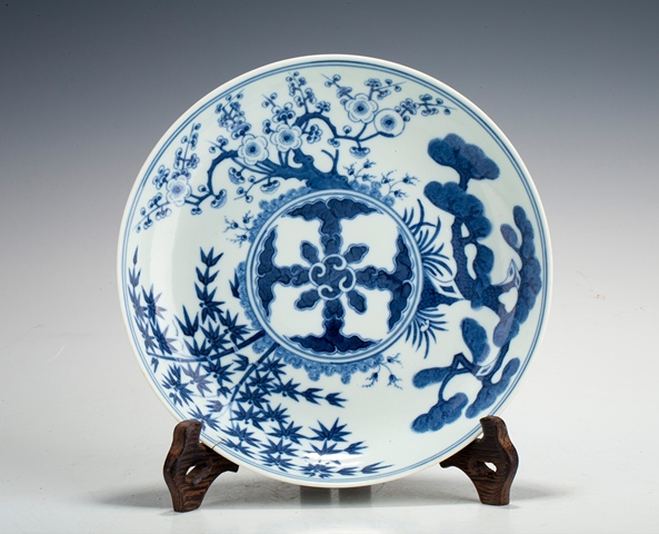 古玩陶瓷清光緒 青花歲寒三友盤(pán)真品鑒賞圖