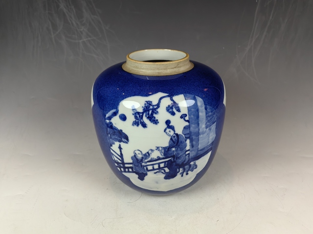 古玩陶瓷清晚祭藍(lán)開(kāi)窗仕女?huà)霊蚯嗷ㄉw罐真品鑒賞圖
