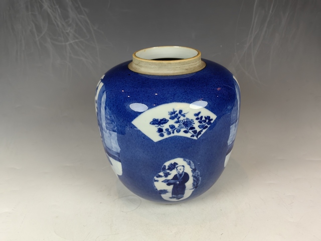 古玩陶瓷清晚祭藍(lán)開(kāi)窗仕女?huà)霊蚯嗷ㄉw罐真品鑒賞圖
