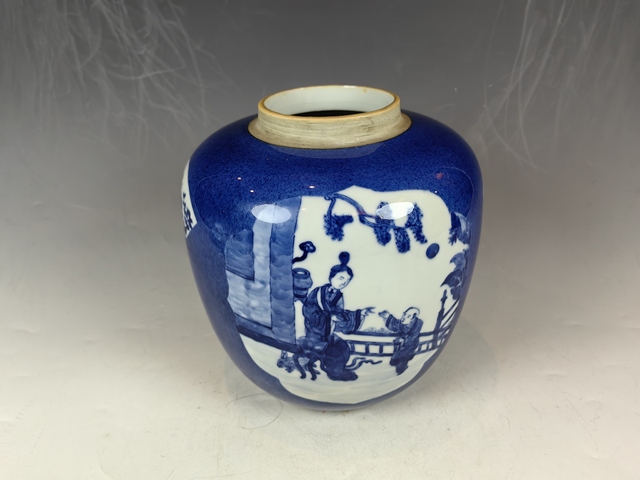 古玩陶瓷清晚祭藍(lán)開(kāi)窗仕女?huà)霊蚯嗷ㄉw罐真品鑒賞圖