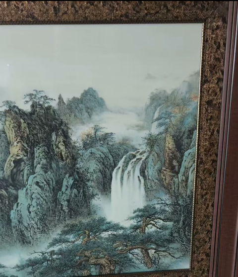 古玩陶瓷粉彩山水人物瓷板,模糊,偏老真品鑒賞圖