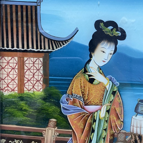 古玩陶瓷民國【貂蟬】仕女紋玻璃畫拍賣,當前價格980元