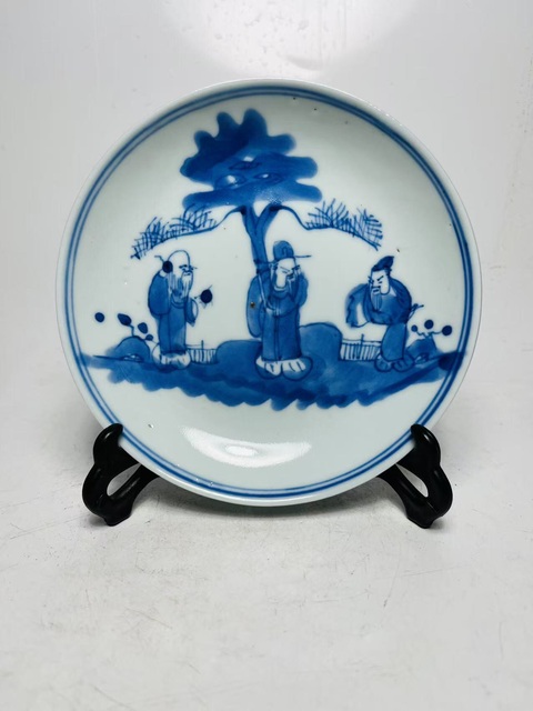 古玩陶瓷玩玉款三星高照?qǐng)D青花盤真品鑒賞圖