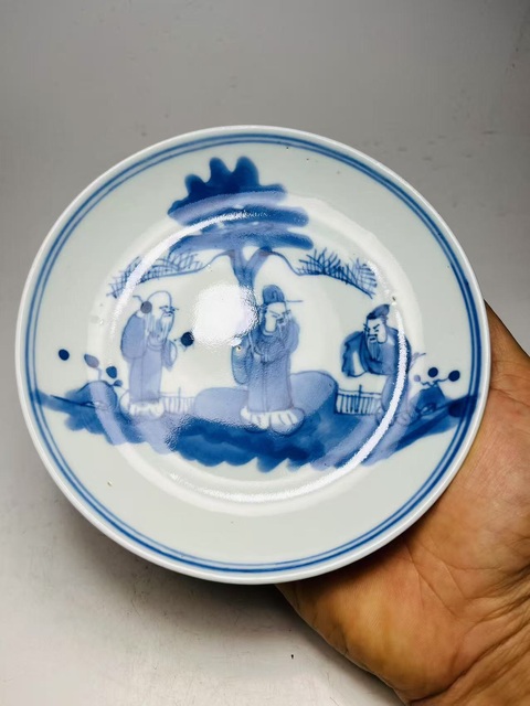 古玩陶瓷玩玉款三星高照?qǐng)D青花盤真品鑒賞圖