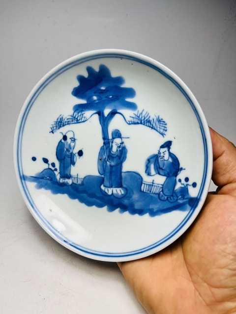 古玩陶瓷玩玉款三星高照?qǐng)D青花盤真品鑒賞圖