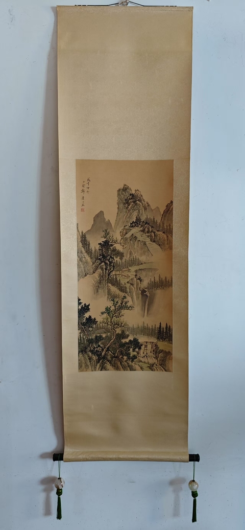 古玩字畫清末民初山陰鄭慶 絹本淺降山水 手工原裱立軸拍賣，當前價格3988元