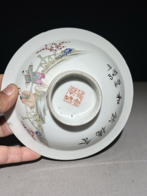 古玩陶瓷民國粉彩人物斗笠盤真品鑒賞圖