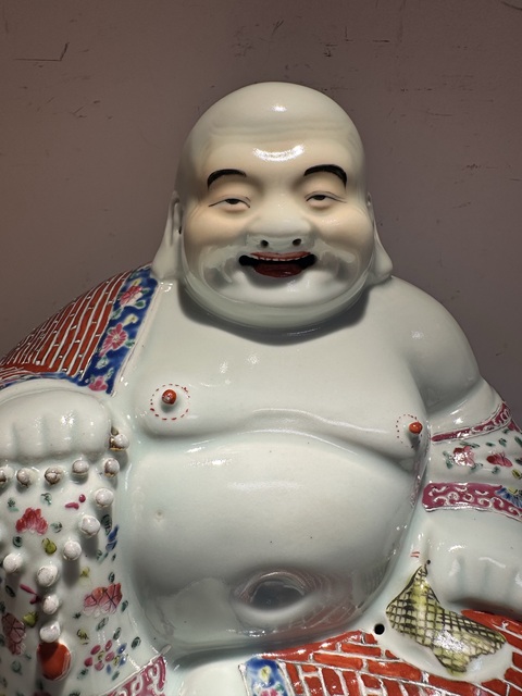 古玩陶瓷粉彩花卉彌勒笑佛真品鑒賞圖