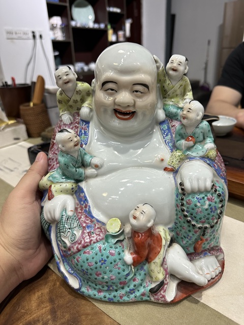 古玩陶瓷胭脂粉彩花卉五子笑佛真品鑒賞圖