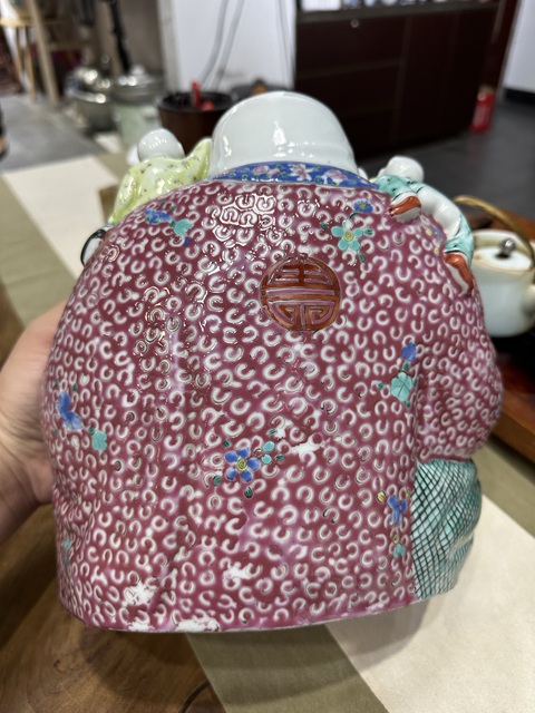 古玩陶瓷胭脂粉彩花卉五子笑佛真品鑒賞圖