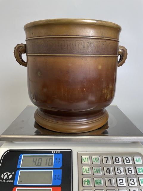 古玩銅器清中晚期 嵌銀絲線 云雷紋雙耳銅爐真品鑒賞圖