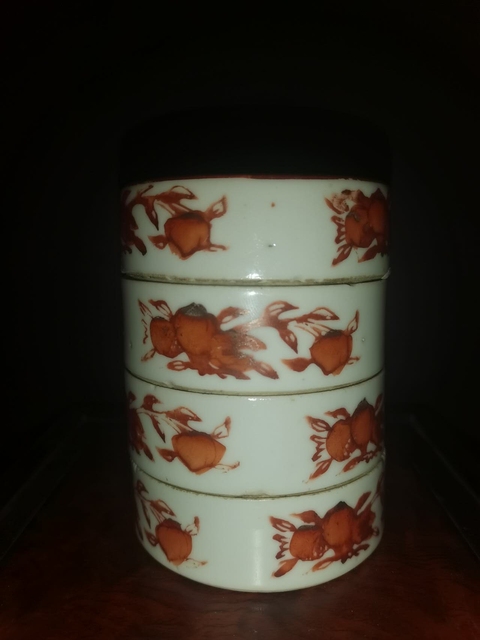 古玩陶瓷福壽三多紋礬紅疊盒真品鑒賞圖