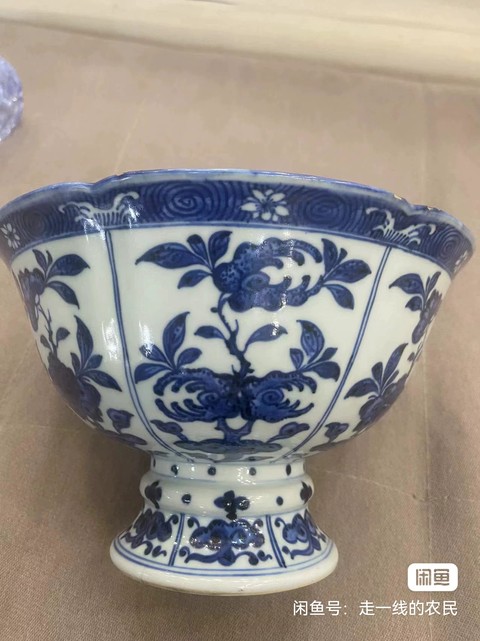 古玩陶瓷福壽三多紋青花高足碗真品鑒賞圖