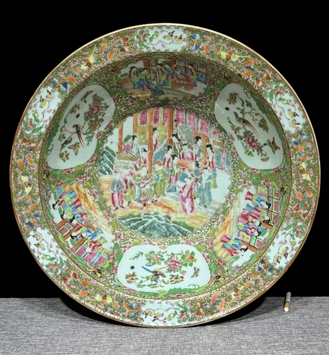 古玩陶瓷人物花鳥蝶紋廣彩凈手盆真品鑒賞圖
