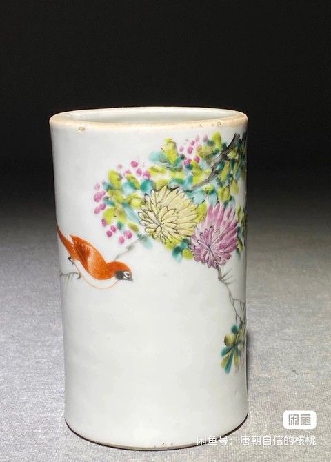 古玩陶瓷粉彩花鳥紋筆筒真品鑒賞圖