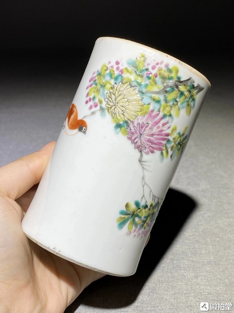 古玩陶瓷粉彩花鳥紋筆筒真品鑒賞圖