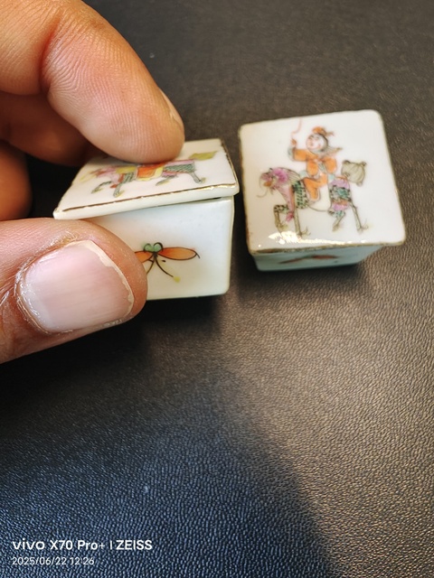古玩陶瓷粉彩麒麟送子圖蓋盒真品鑒賞圖