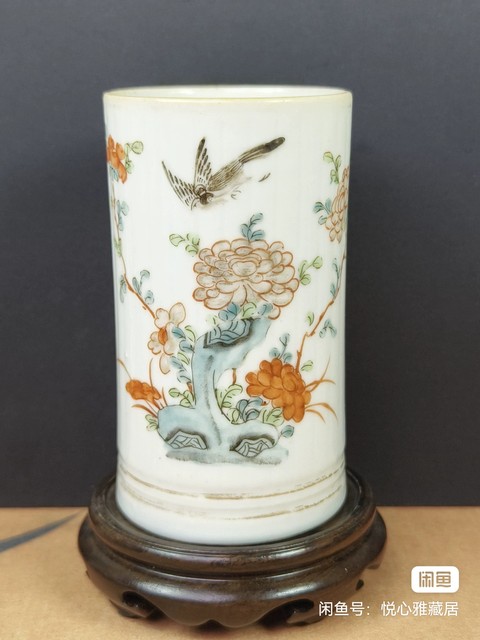 古玩陶瓷粉彩花鳥紋筆筒真品鑒賞圖
