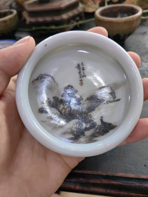 古玩陶瓷淺絳彩山水紋洗真品鑒賞圖