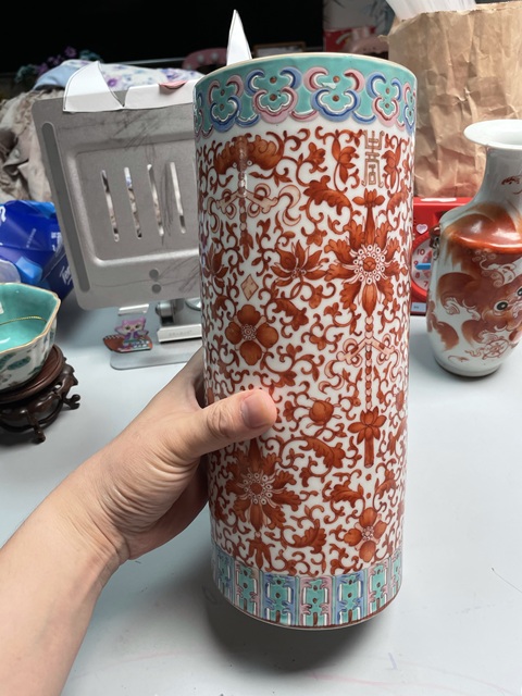 古玩陶瓷晚清厚胎礬紅帽筒真品鑒賞圖