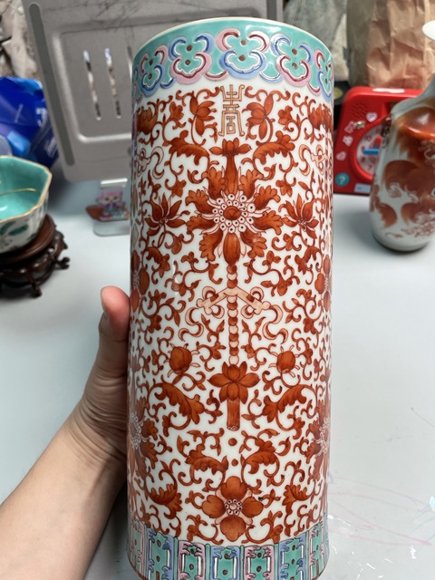 古玩陶瓷晚清厚胎礬紅帽筒真品鑒賞圖