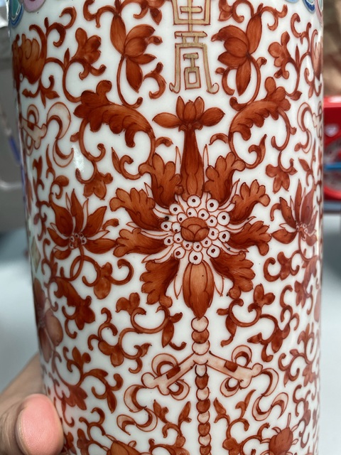 古玩陶瓷晚清厚胎礬紅帽筒真品鑒賞圖