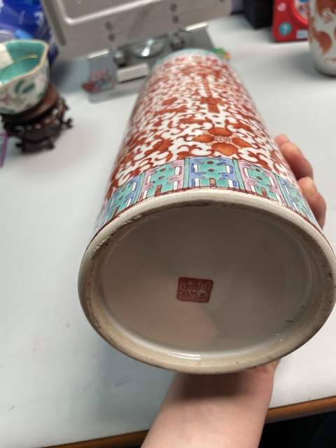 古玩陶瓷晚清厚胎礬紅帽筒真品鑒賞圖