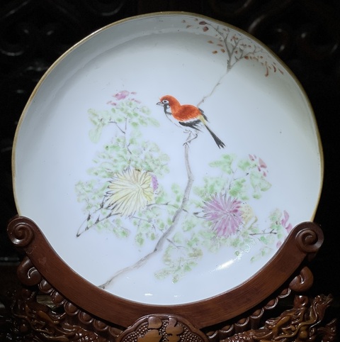 古玩陶瓷淺絳彩花鳥紋花口盤真品鑒賞圖