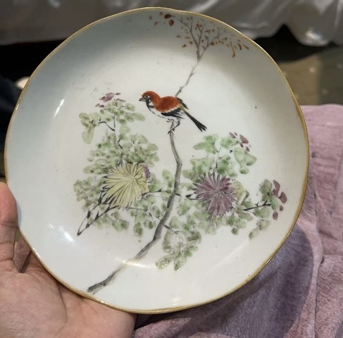 古玩陶瓷淺絳彩花鳥紋花口盤真品鑒賞圖