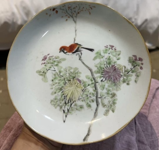 古玩陶瓷淺絳彩花鳥紋花口盤真品鑒賞圖