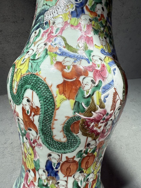 古玩陶瓷粉彩百字鬧春圖花觚真品鑒賞圖