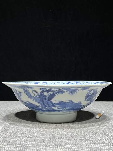 古玩陶瓷三星高照圖青花折沿碗真品鑒賞圖